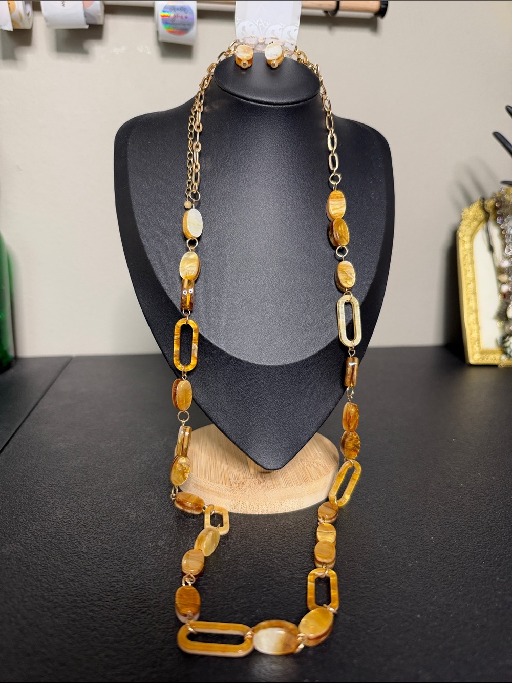 NWT Gold-Tone Amber Bead Long Necklace and Earrings Set